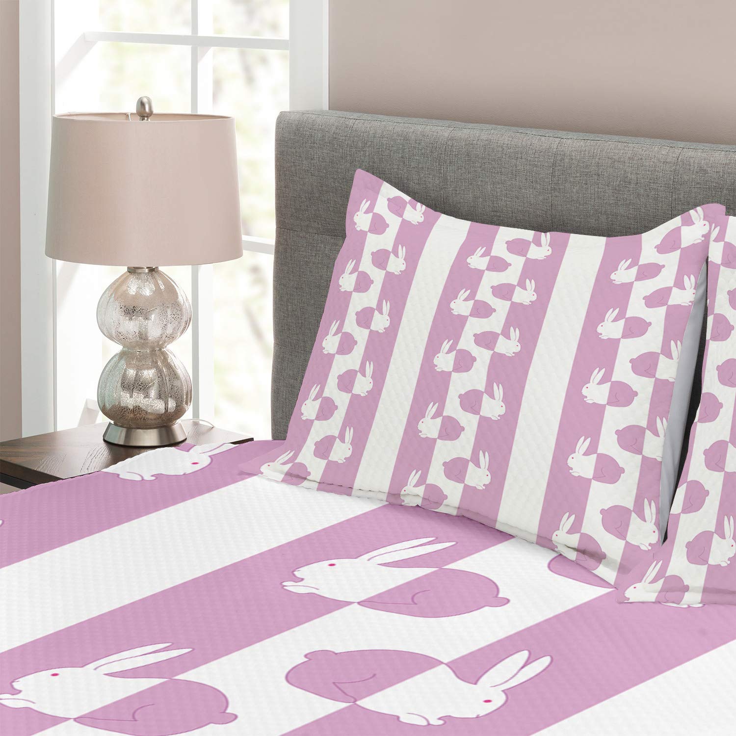 Ambesonne Easter Bunny Rabbits Bedspread Set - King Size 3 Piece Quilted Coverlet with 2 Pillow Shams, Pastel Animal Print Design in White & Pink - Perfect for Spring Decor, Easter Bedroom, Girls Room & Cozy Home Decor