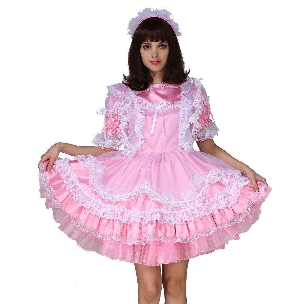 Elegant White Organza and Pink Satin Maid Dress Uniform - Cross Back Design for Cosplay, Halloween, Role Play & Party Costumes