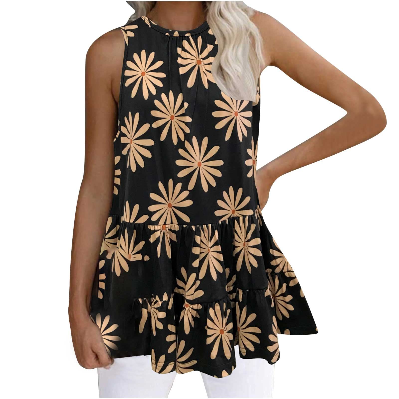 YZHM Women's Floral Printed Tank Tops - Summer Beach Crewneck Ruffle Hem Sleeveless Blouses | Casual Wear, Vacation Outfits & Summer Fashion