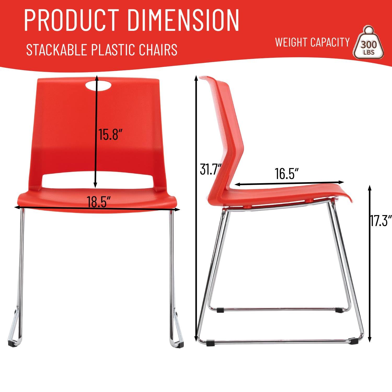 Ergonomic Office Guest Chair with Sled Base - Plastic Stacking Chair Without Wheels - Reception, Conference & Waiting Room Chairs - Red (4 Pack) - Perfect for Office Spaces, Meeting Rooms & Lobby Areas