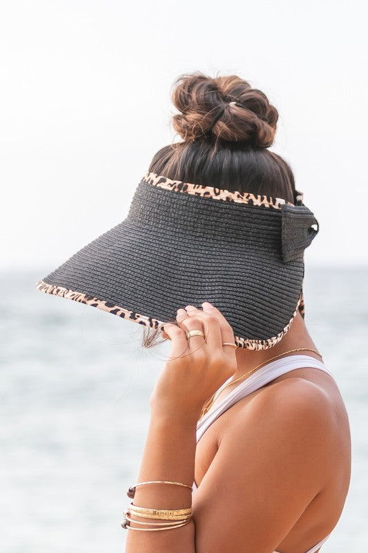 Foldable Straw Hat with Leopard Print Bow Visor - Summer Beach Hat for Women, Outdoor Sun Protection for Travel, Gardening, and Vacations