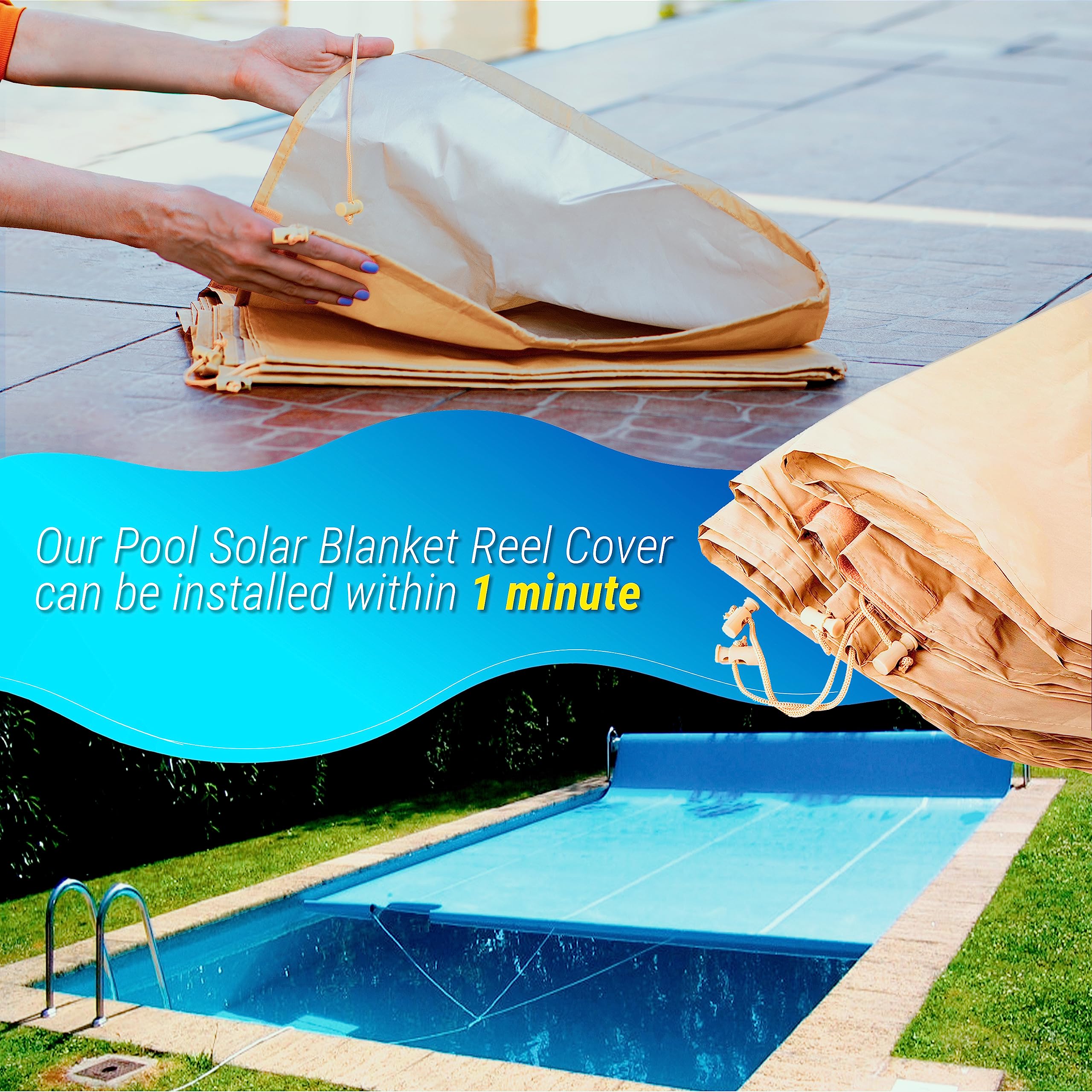 Heavy Duty Waterproof Solar Pool Cover for Inground Pools - 20FT Reel System | Keep Your Pool Clean & Warm Year-Round | Perfect for Backyard, Vacation Homes & Commercial Pools