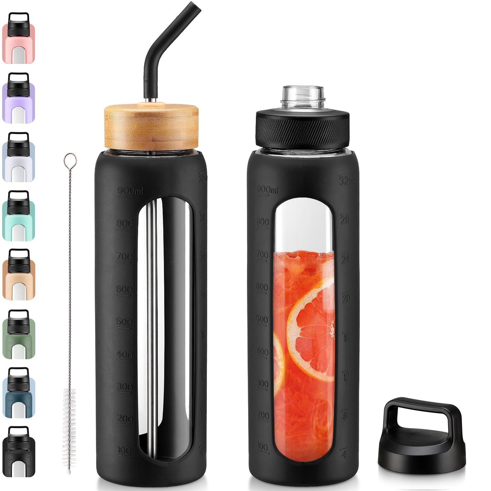 Kodrine 32 oz Glass Water Bottle with Straw & Silicone Sleeve - 1 Liter Clear Wide Mouth Bottle with Time Marker, Includes 2 Lids (Chug & Bamboo Straw) - Perfect for Gym, Hiking, Office & Travel Hydration