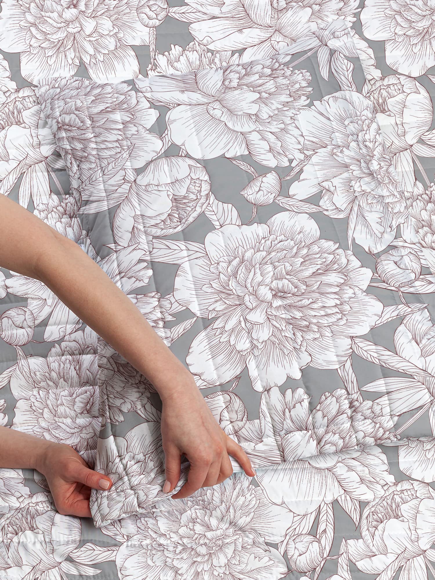 Ambesonne Floral Reversible King Size Bedspread Set with Pillow Shams - Hand Drawn Rose, Chamomile & Peonies Design on Taupe Grey Microfiber - Perfect for Master Bedroom, Guest Room & Bohemian Home Decor