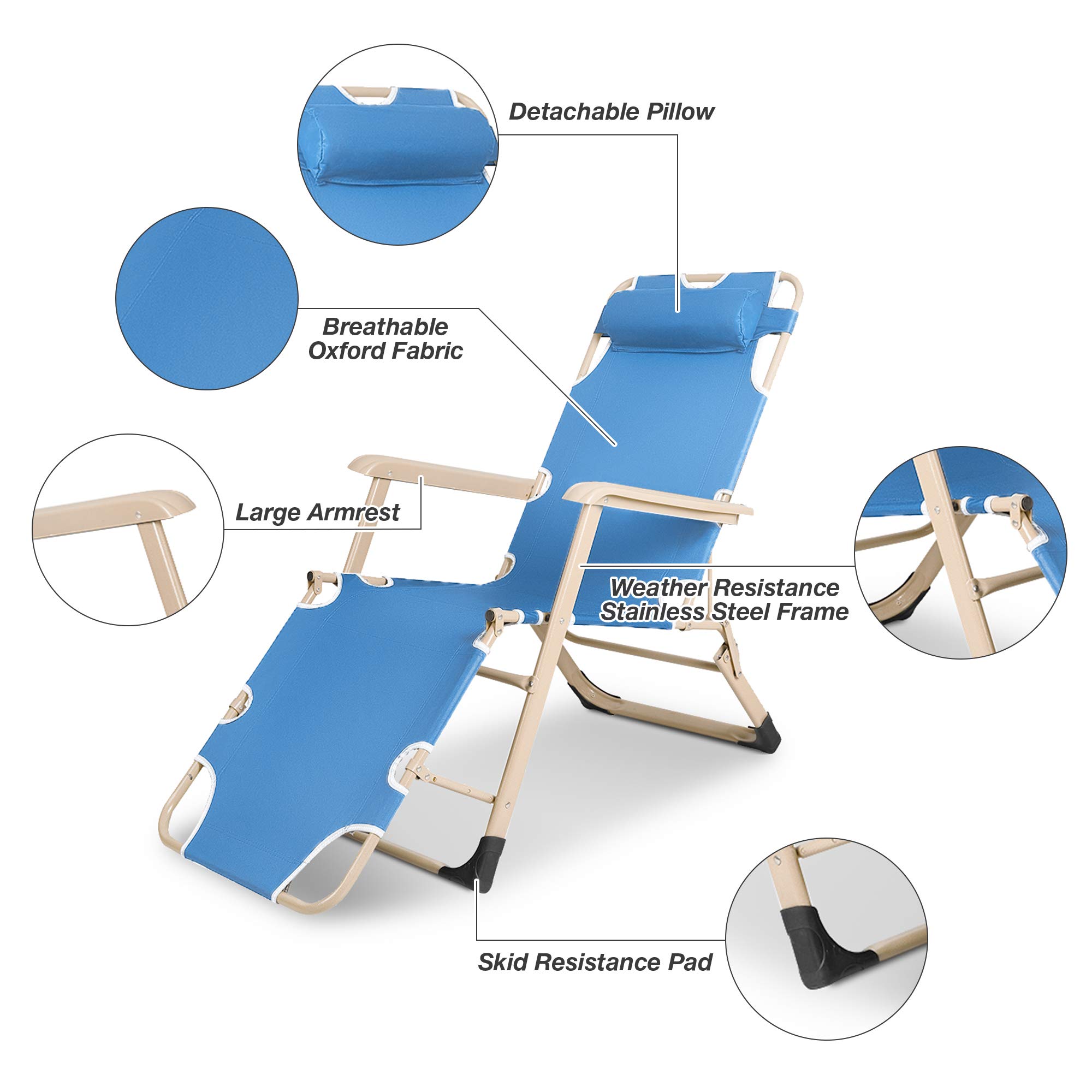 4 Pack Outdoor Chaise Lounge Chairs - Lightweight Folding Recliners with Removable Adjustable Pillow, Patio Poolside Sunbathing Chairs for Backyard, Beach & Garden - Blue