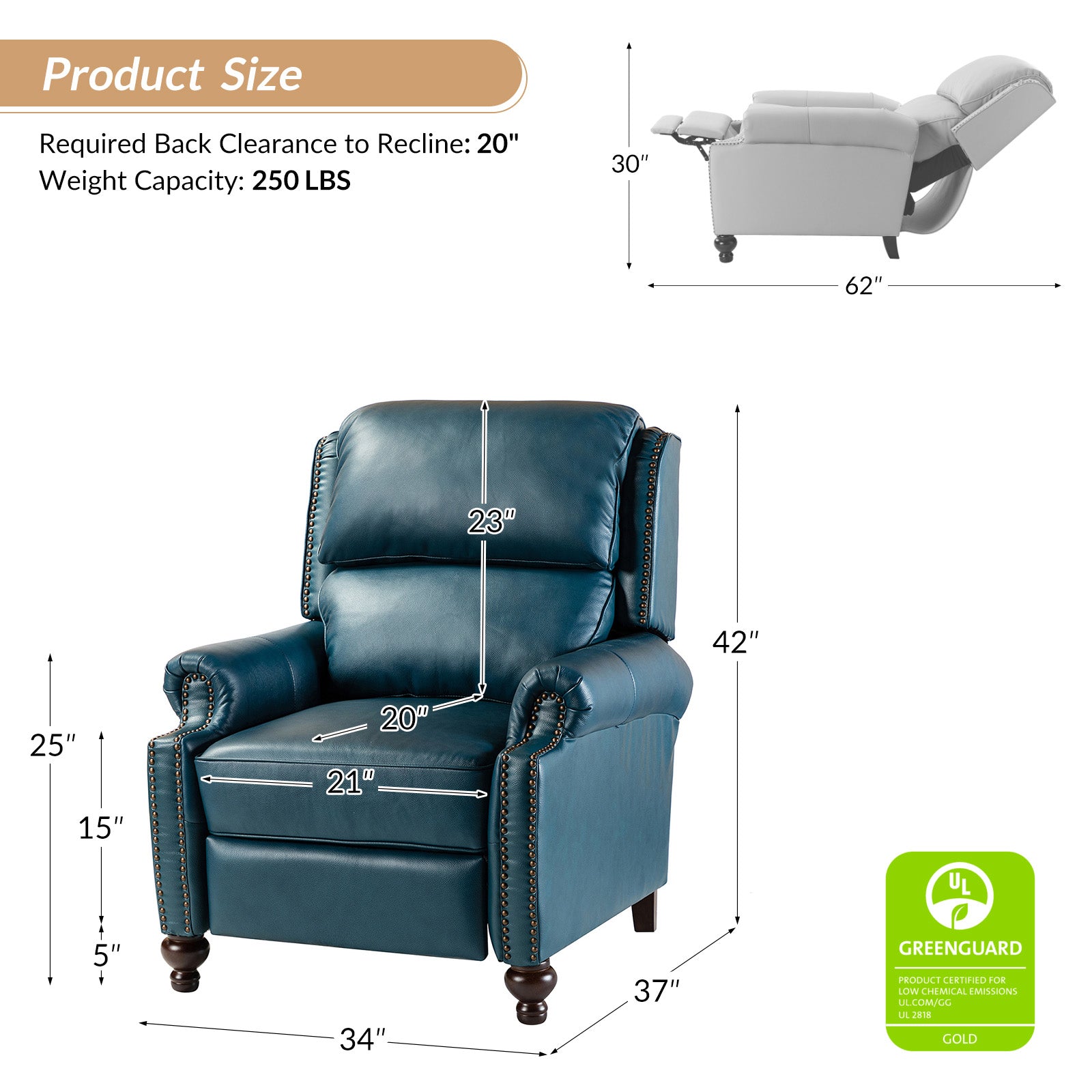 Mid Century Modern Genuine Leather Recliner Chair - Consuela Handcrafted Lounge Chair for Living Room, Office & Home Theater