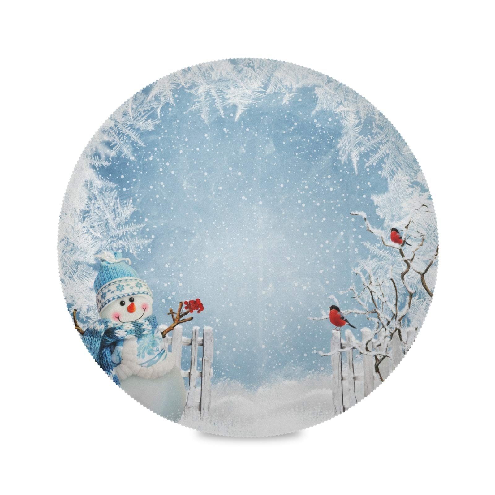 Christmas Snowman Round Placemats Set of 4 - 15 Inch Winter Holiday Table Mats with Red Truck & Cardinals Birds Design - Perfect for Kitchen Dining, Dinner Parties, Kids Holiday Celebrations & Festive Home Decor