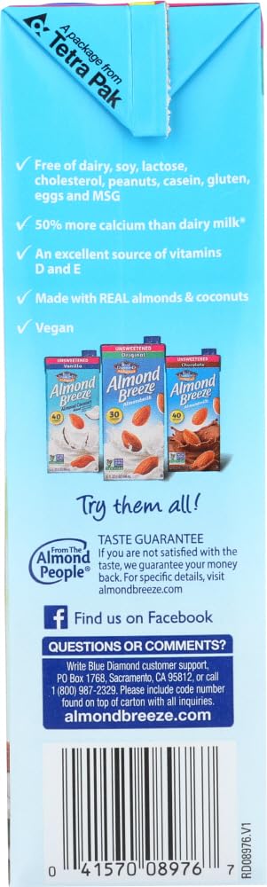 Blue Diamond Breeze Unsweetened Almond Coconut Milk - 32 oz (Pack of 2) | Dairy-Free, Vegan, Low-Calorie Plant-Based Milk Alternative for Coffee, Smoothies & Baking