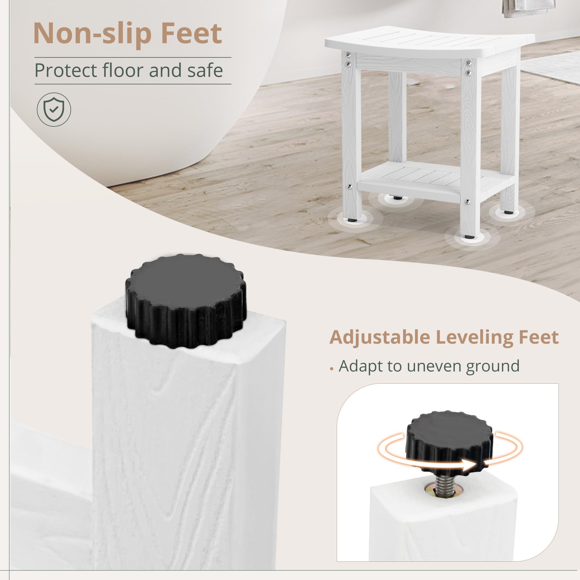 LUE BONA HDPS Waterproof Shower Bench Seat with Storage Shelf - Non-Slip Bath Stool for Shaving Legs, Spa & Elderly Safety - Weather Resistant for Indoor/Outdoor Use (White) | Perfect for Bathroom, Poolside & Shower Safety