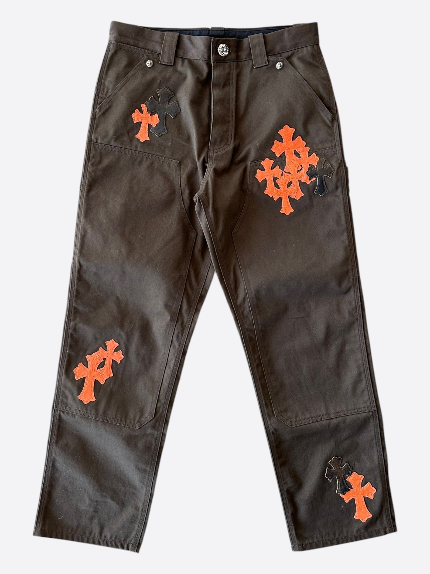 Chrome Hearts Brown & Orange Cross Patch Carpenter Jeans - Stylish Distressed Denim Pants for Men | Perfect for Streetwear & Casual Outfits