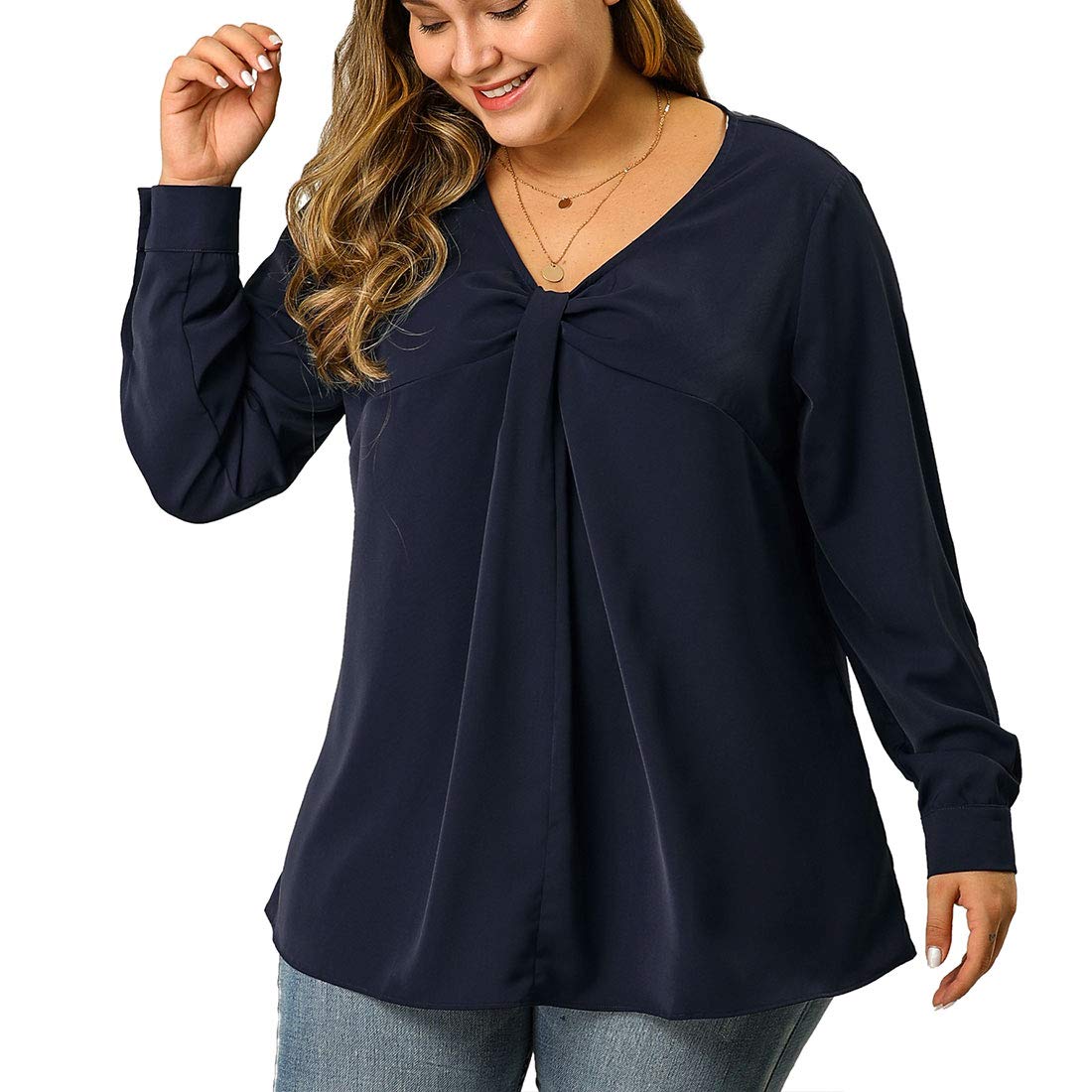 Agnes Orinda Women's Plus Size V-Neck Twist Knot Button Long Sleeve Blouse - Flowy Tunic Top for Work, Office & Casual Outfits