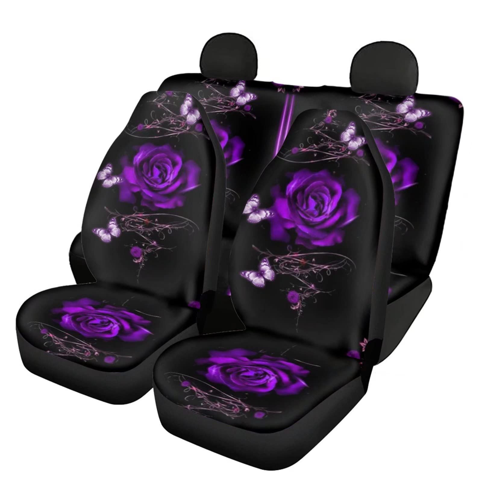 Purple Rose Car Seat Covers Set - 4-Piece Front & Rear Seat Protectors for Women, Universal Fit for Most Vehicles - Soft Cushion Covers for Comfort & Car Interior Decor (Perfect for Daily Commute, Road Trips & Gift Giving)