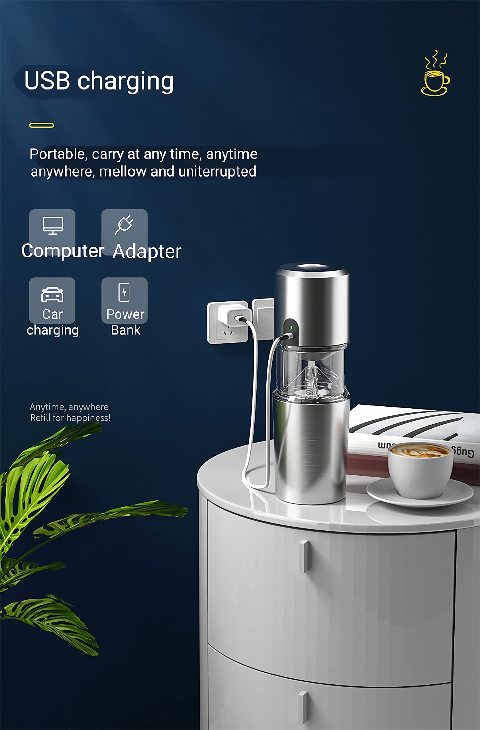Rechargeable Portable Coffee Maker with Electric Grinder - 3-in-1 USB Coffee Machine for Home & Office - Compact Travel Coffee Brewer (2.87x2.87x9 Inches, Silver Gray YX-911) - Perfect for Camping, Dorm Rooms & Small Kitchens