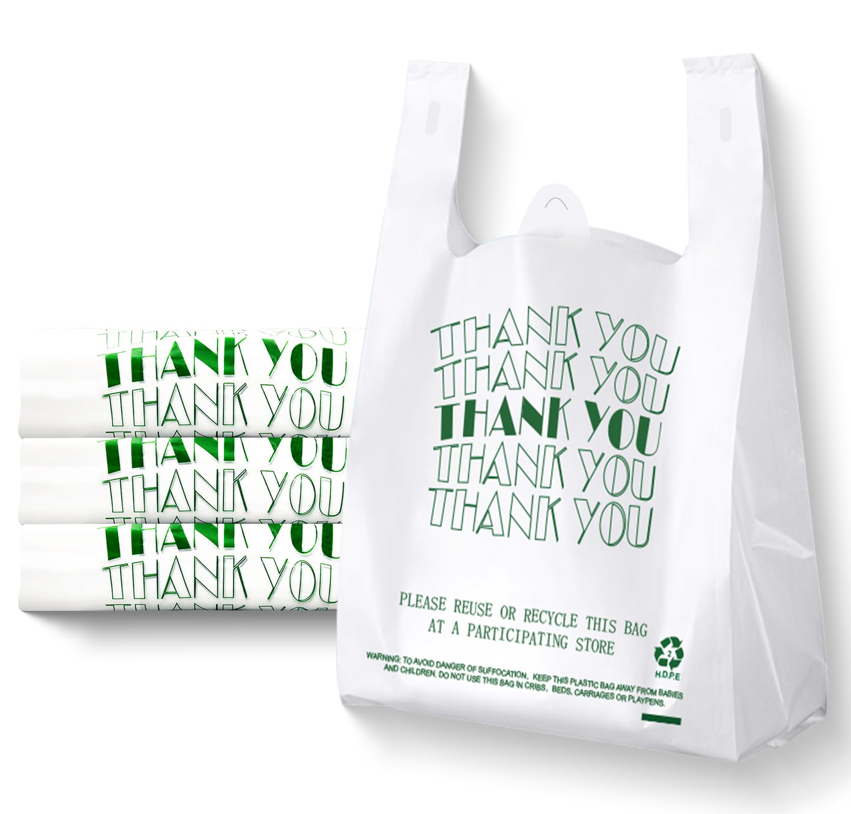 Cheardia Eco-Friendly Thank You T-Shirt Bags - Recyclable Plastic Shopping Bags with Handles for Retail Merchandise & Grocery Stores | Perfect for Boutiques, Farmers Markets & Gift Packaging