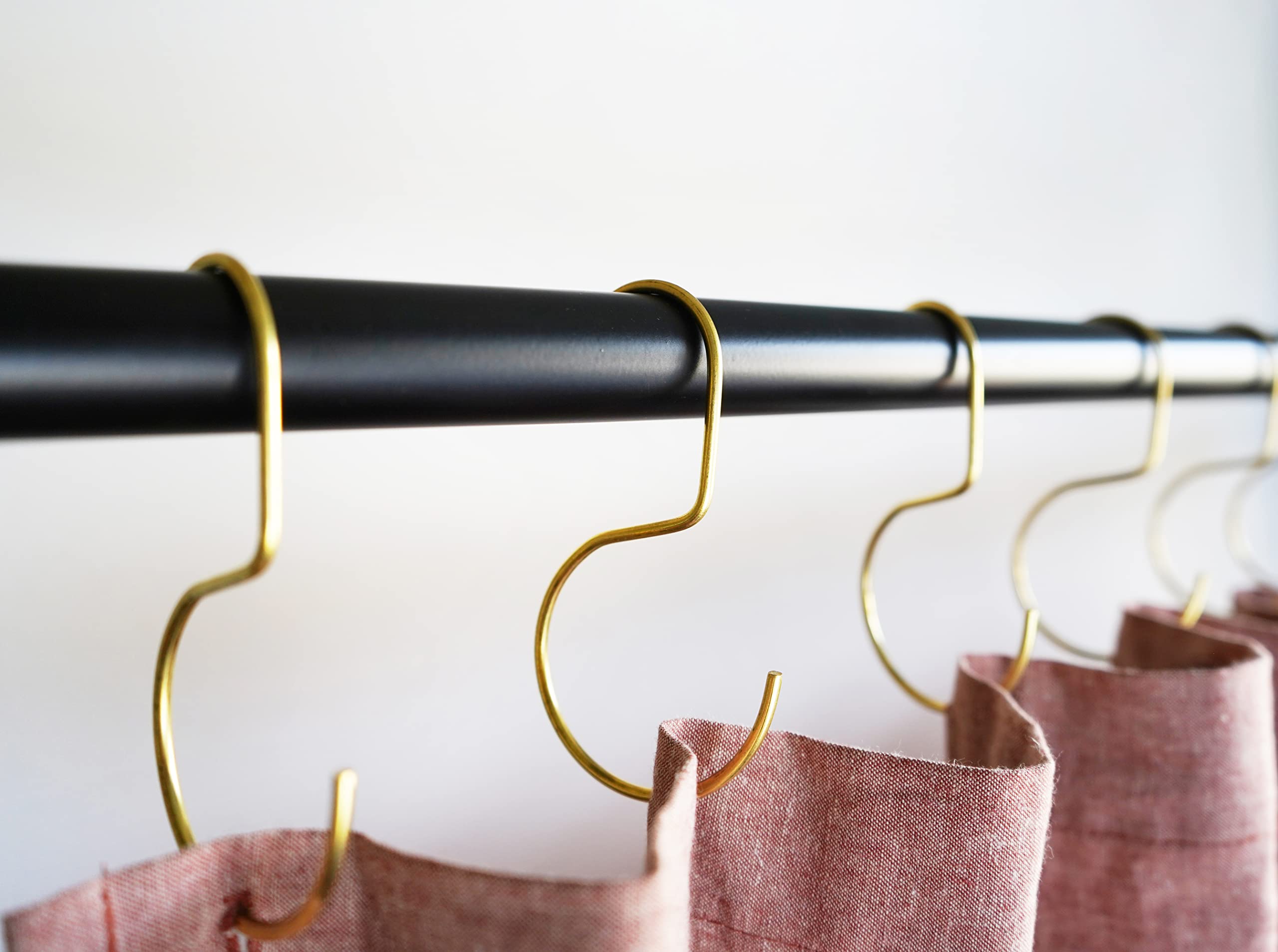 Minimalist Shower Curtain Hooks - Stainless Steel, Brass & Black Metal S Hooks - 12 Pack (Brass O-Hook) for Bathroom, Closet, Purse & Bag Organization - Durable Curtain Rings & Jean Hooks for Home Decor