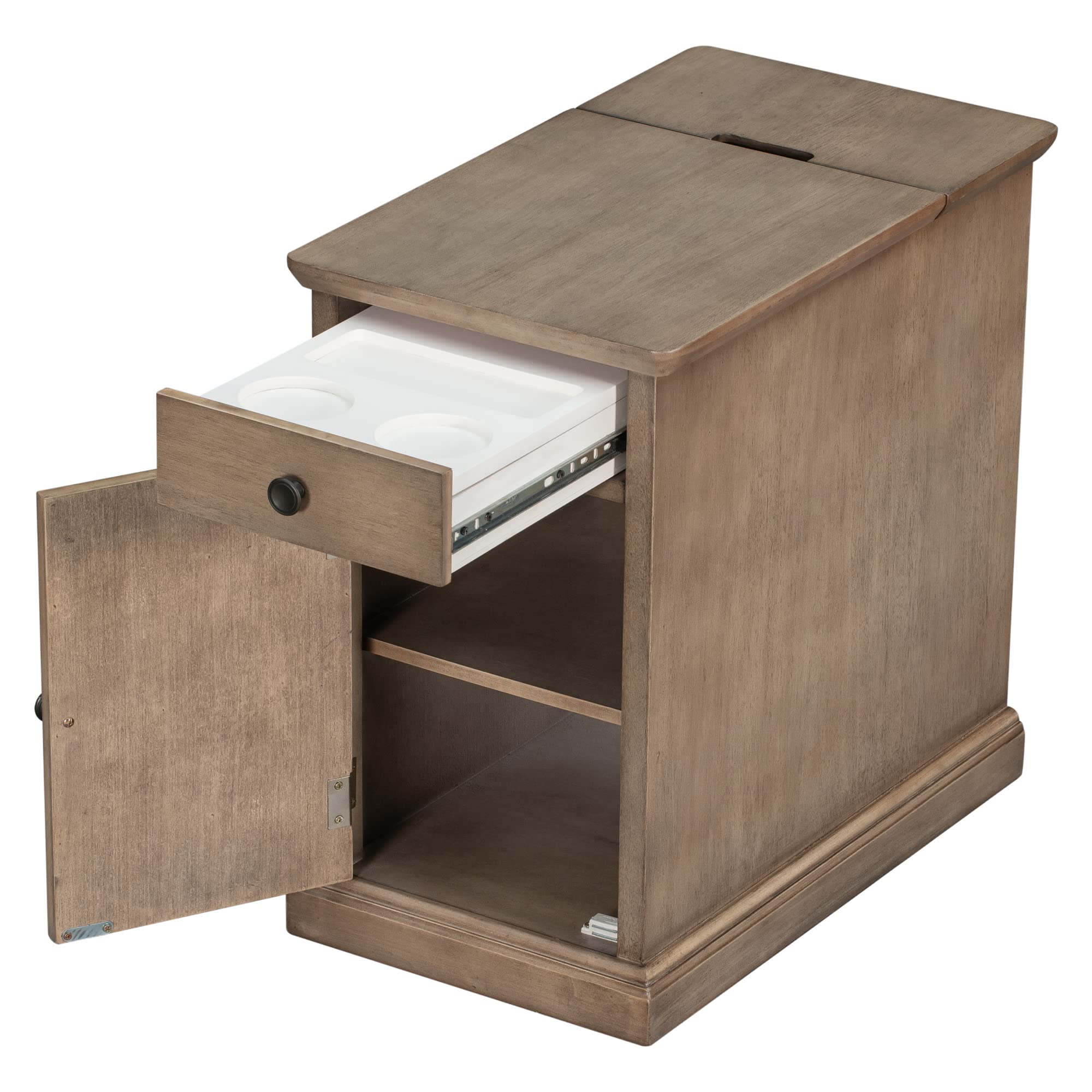 Farmhouse Acacia Wood End Table with USB Ports & Drawer - Narrow Sofa Side Table, Bedside Nightstand with Cup Holders - Perfect for Living Room, Bedroom & Small Spaces (Antique Brown) | Compact Design for Apartments, Dorms & Cozy Home Decor