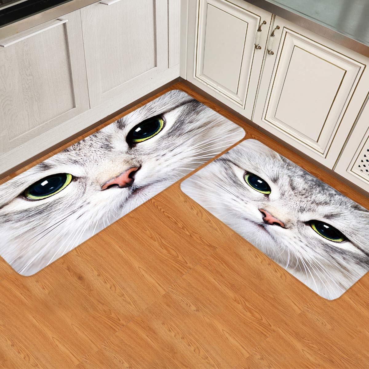 **Non-Slip Waterproof Kitchen Floor Mats for Cat Lovers - 2-Piece Cushioned Anti-Fatigue Set with Cute Cat Face Design - Perfect for Standing Comfort in Home, Office, or Studio**