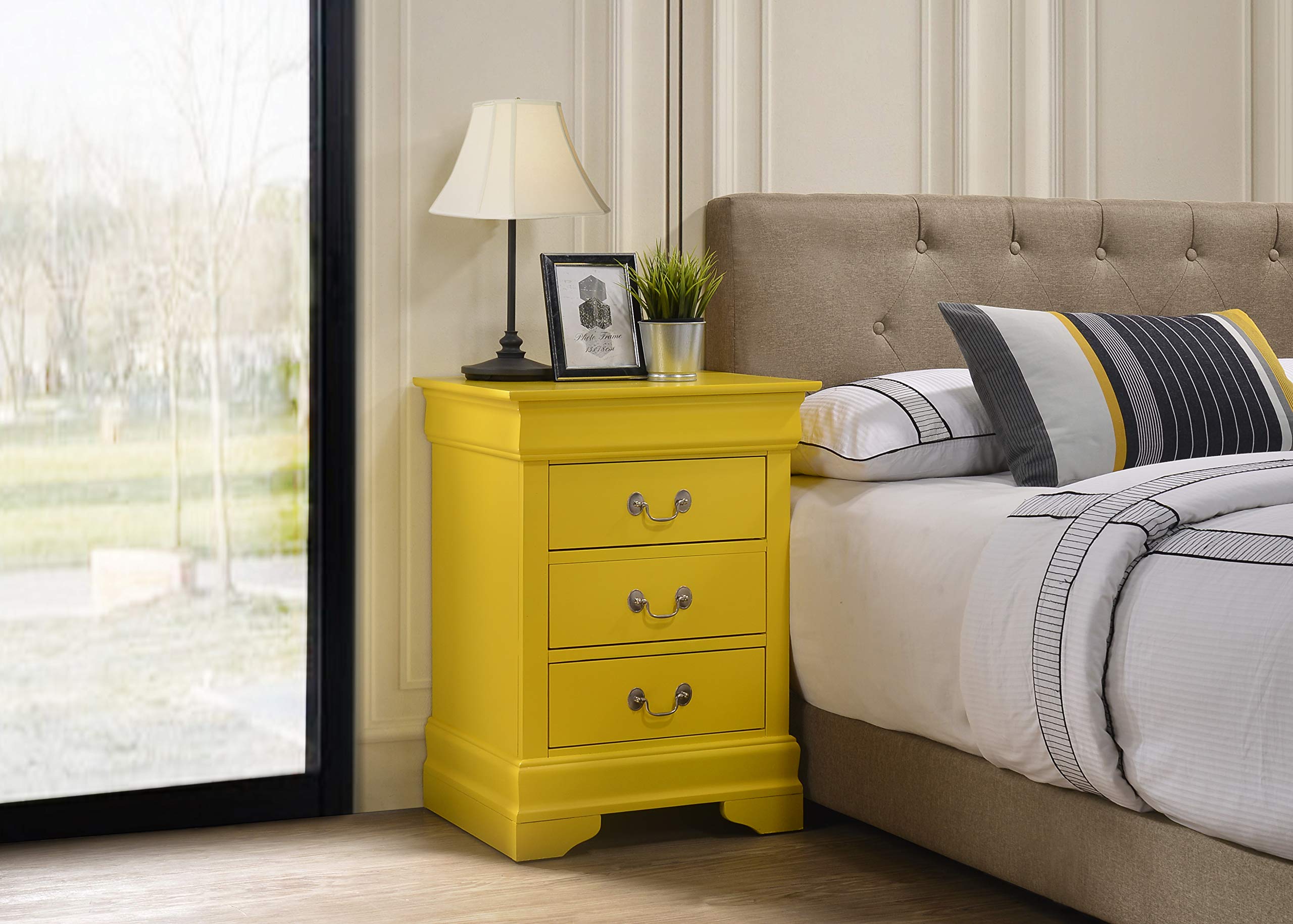 Louis Phillipe 3-Drawer Nightstand in Yellow - Vintage Style Bedside Table for Bedroom Decor & Storage | Perfect for Master Bedroom, Guest Room, or Dorm
