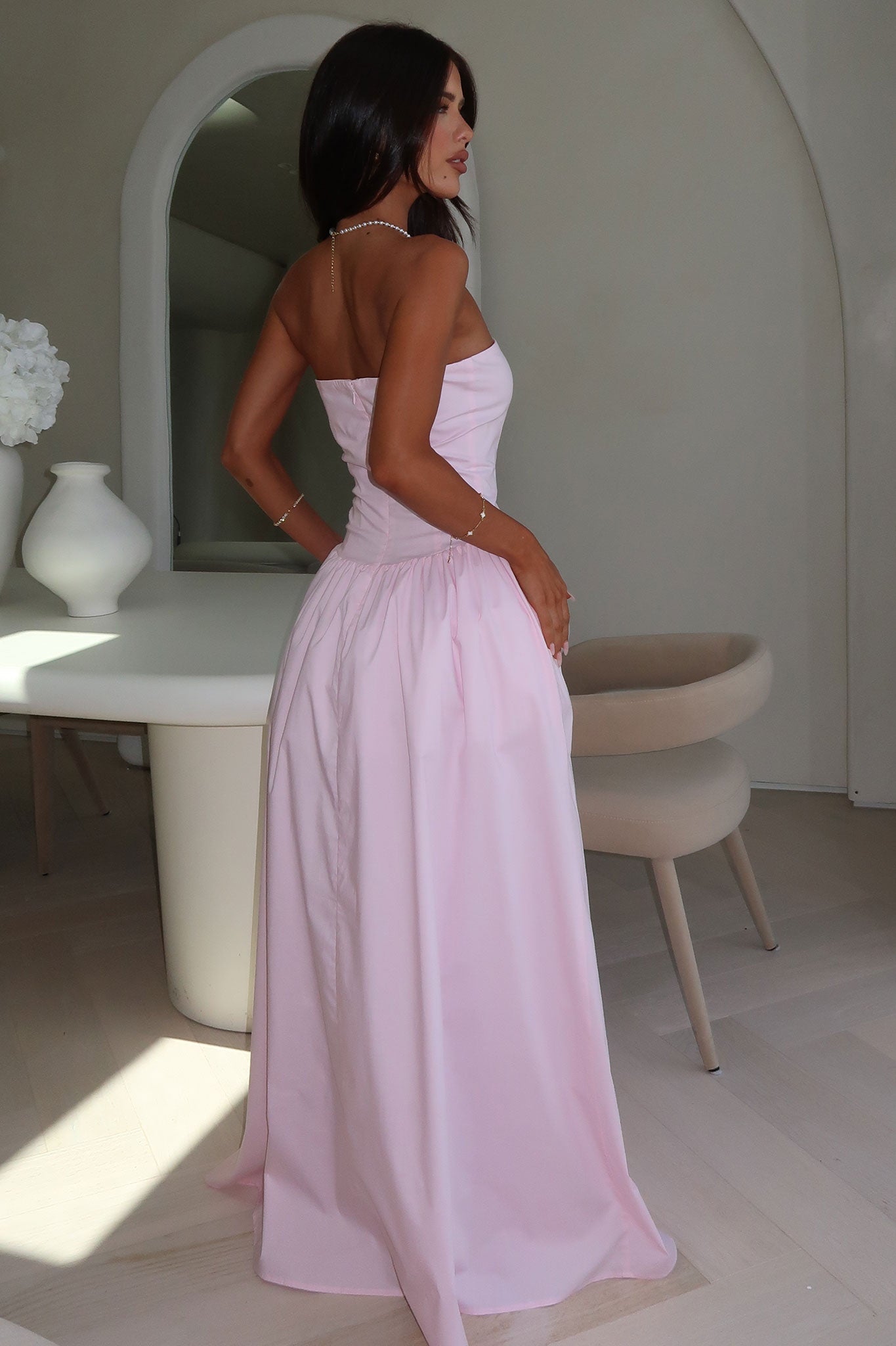 Iridessa Strapless Maxi Dress for Women - Flowy Baby Pink Summer Evening Gown - Perfect for Beach Weddings, Vacation & Date Nights