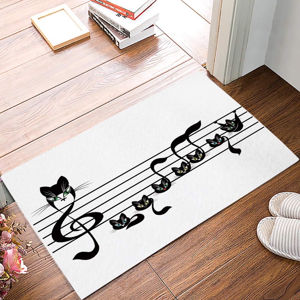 Super Absorbent Non-Slip Indoor Doormat with Black & White Musical Note Cat Pattern - 20x31.5 Inch Latex Backing Entryway Rug for Kitchen, Bathroom, Patio & Front Door - Perfect for Muddy Shoes, Pet Owners & Music Lovers
