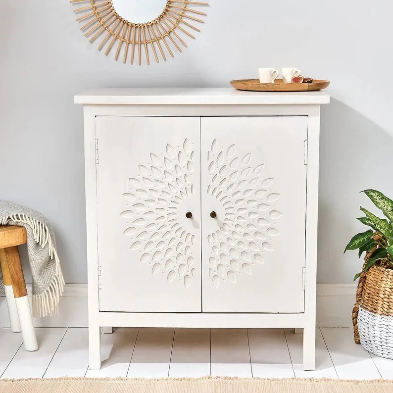 Hand Carved Bohemian Style Hallway Cabinet with Two Doors - Vintage Wooden Entryway Storage for Shoes, Coats & Decor | Perfect for Small Spaces & Apartment Living