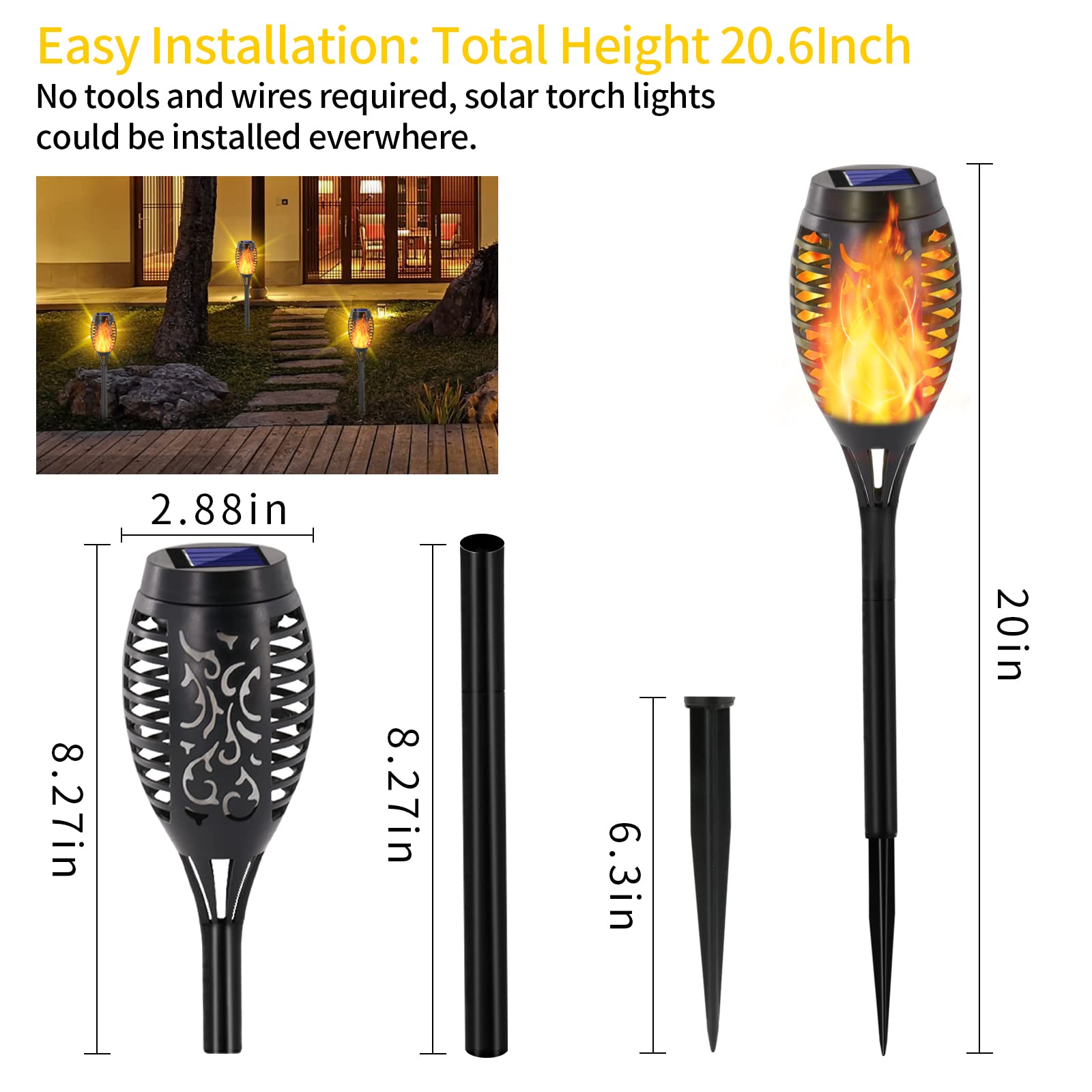 8 Pack Solar Torch Lights with Flickering Flame - 12 LED Waterproof Outdoor Solar Tiki Torches for Garden, Yard, Patio - IP65 Weatherproof Landscape Decoration Lights for Parties, Camping & Pathways