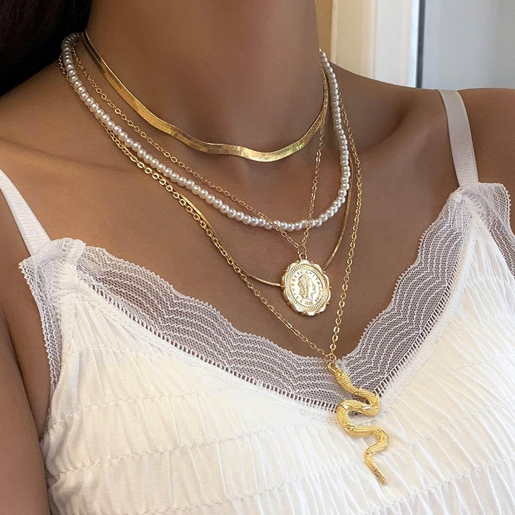 Boho Layered Snake Necklace - Gold Snake Chain Choker with Pearl Accents, Trendy Women's Jewelry for Casual Wear, Parties & Date Nights