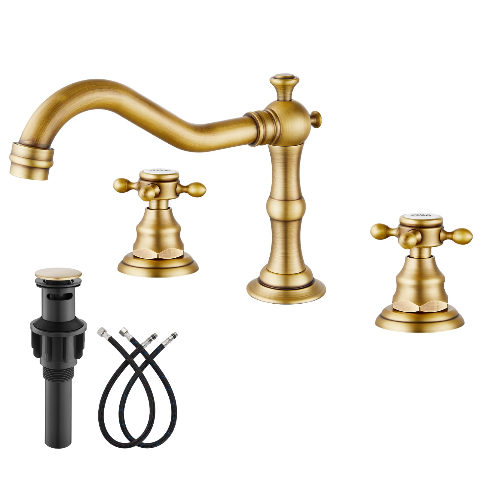 Gotonovo 8 Inch Widespread Bathroom Sink Faucet - 2 Cross Handles, 3 Hole Deck Mount Basin Mixer Tap with Pop Up Drain & Overflow - Antique Brass Finish - Perfect for Bathroom Vanity, Powder Room & Guest Bath Renovation