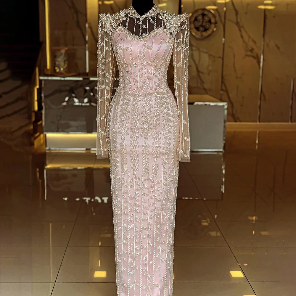Elegant Dubai Pink Mermaid Evening Gown with Pearl Beading - Arabic Formal Dress for Women - Perfect for Weddings, Galas & Special Occasions - LA72826