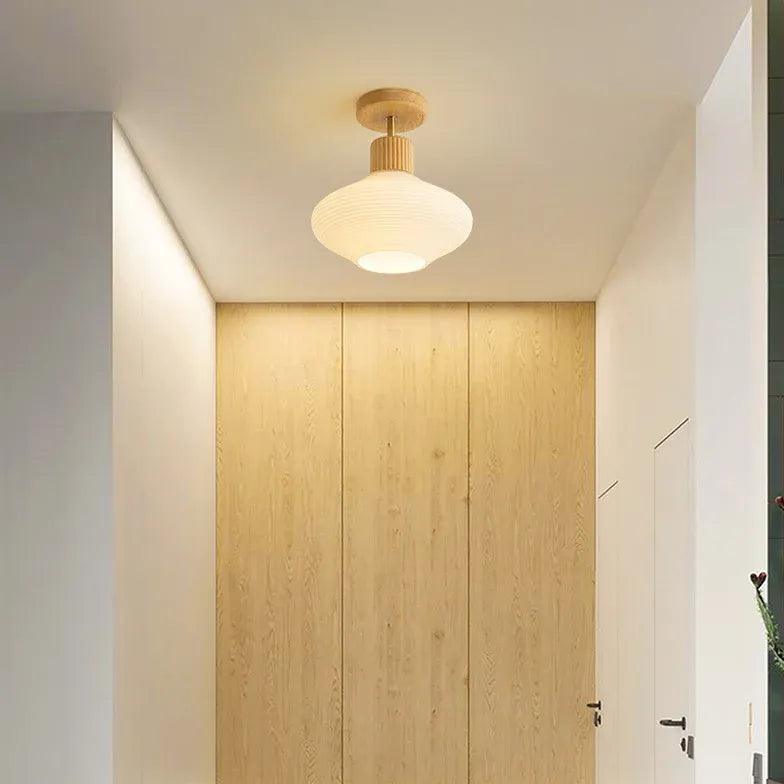 Modern Wooden & White Glass Corridor Ceiling Light Fixture - Elegant Farmhouse Style Chandelier for Hallway, Entryway, Staircase Lighting - Dimmable LED Compatible