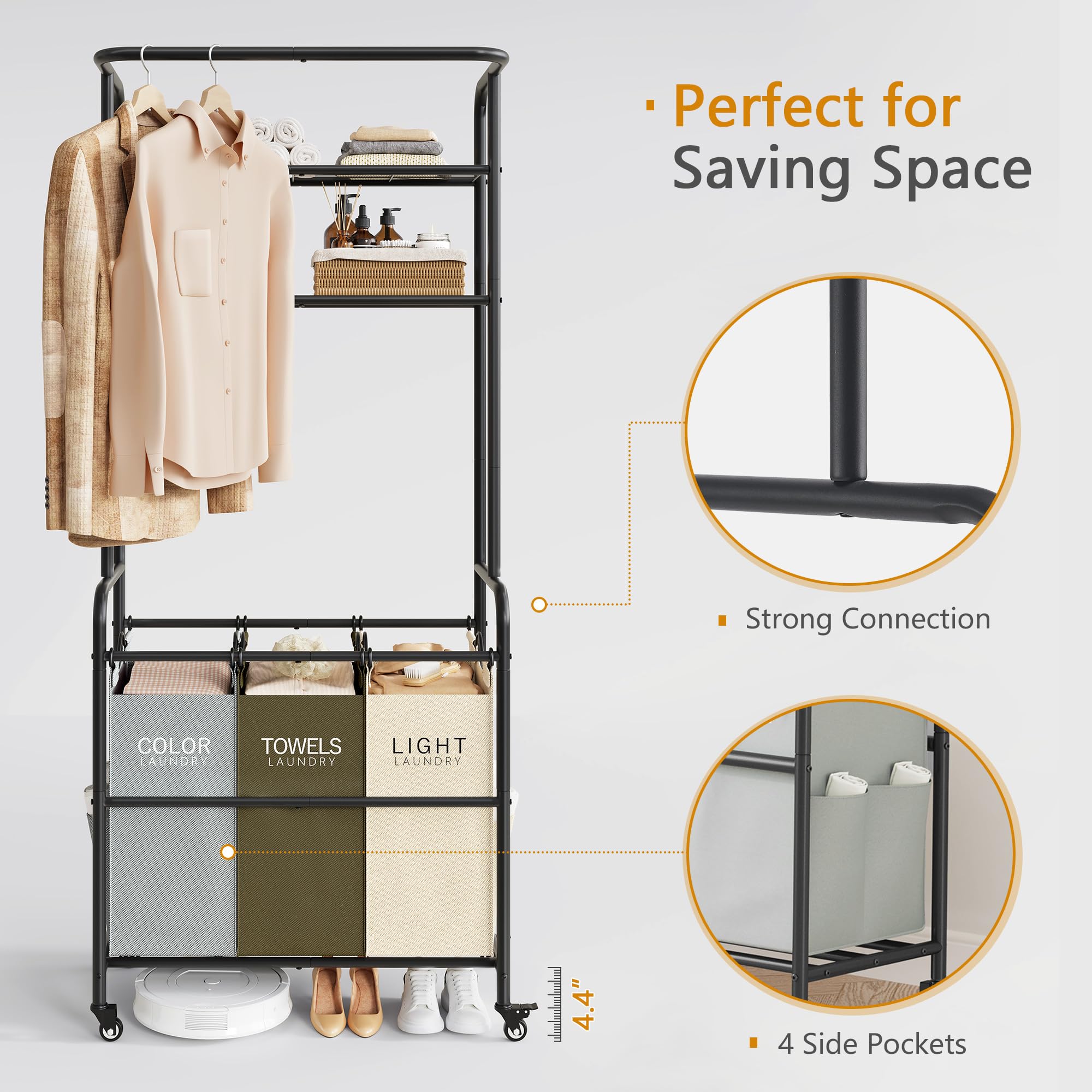 3-Section Laundry Sorter Cart with Hanging Rack & 2-Tier Shelf - Rolling Lockable Wheels for Bedroom, Laundry Room or Dorm Organization - Space Saving Clothes Hamper Basket Butler Cart