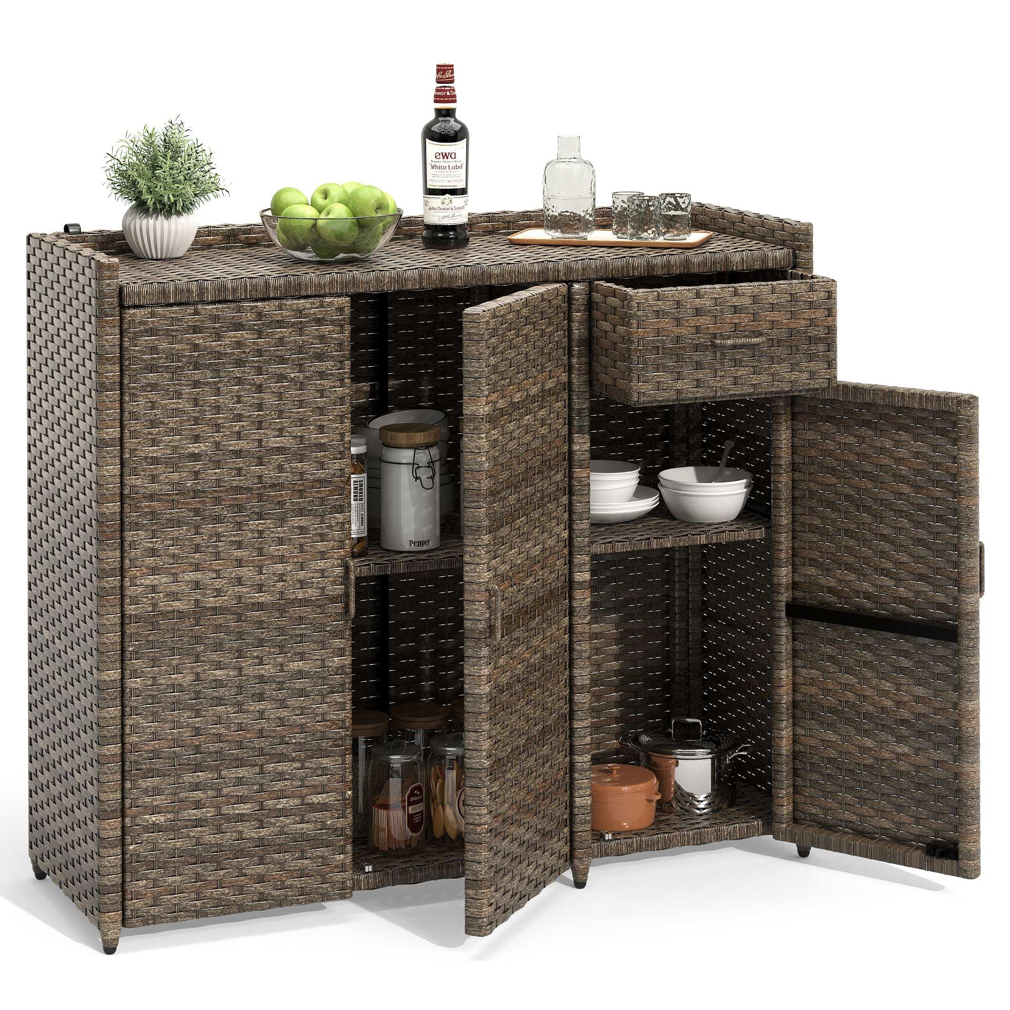 YITAHOME Outdoor Storage Cabinet - Weatherproof Rattan Bar Table with 2 Doors, Adjustable Shelves & Foldable Drawer - Wicker Patio Storage Box for Cushions, Pool & Garden Tools - Brown - Perfect for Backyard, Deck, and Poolside Organization