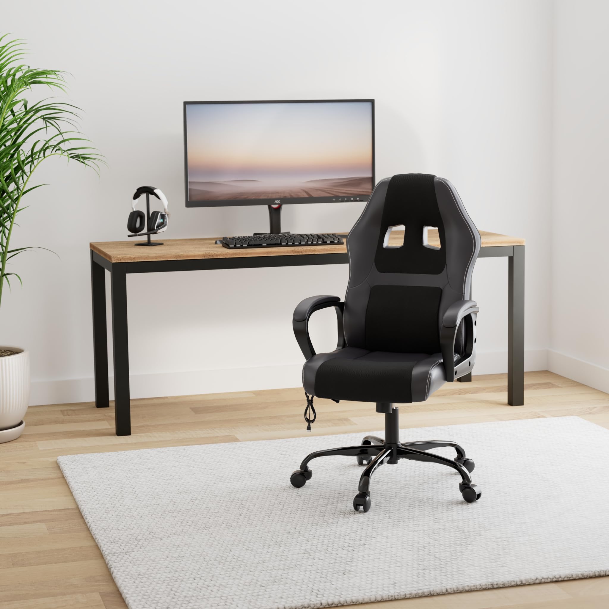 Ergonomic Gaming Chair with Lumbar Support & Headrest - PU Leather High Back PC Office Chair with Wheels for Adults - Perfect for Long Gaming Sessions & Home Office Work - Black