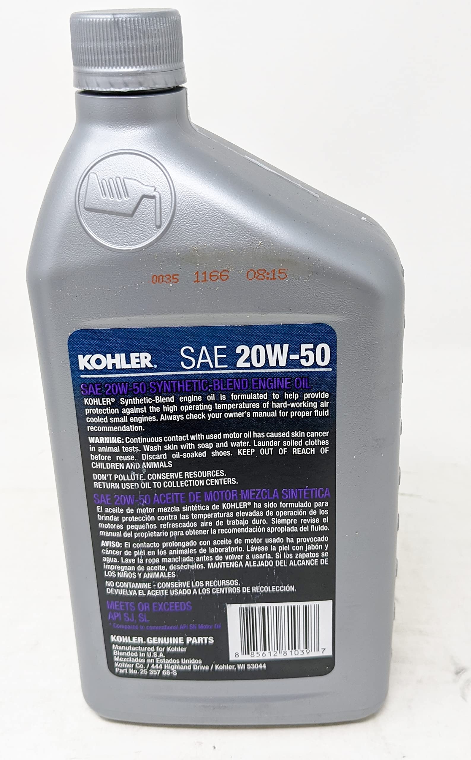 Kohler 25 357 68-S Synthetic Blend SAE20W-50 4-Cycle Engine Oil (Case of 12 Quarts) with Fuel Treatment - Ideal for Lawn Mowers, Generators, and Small Engine Maintenance