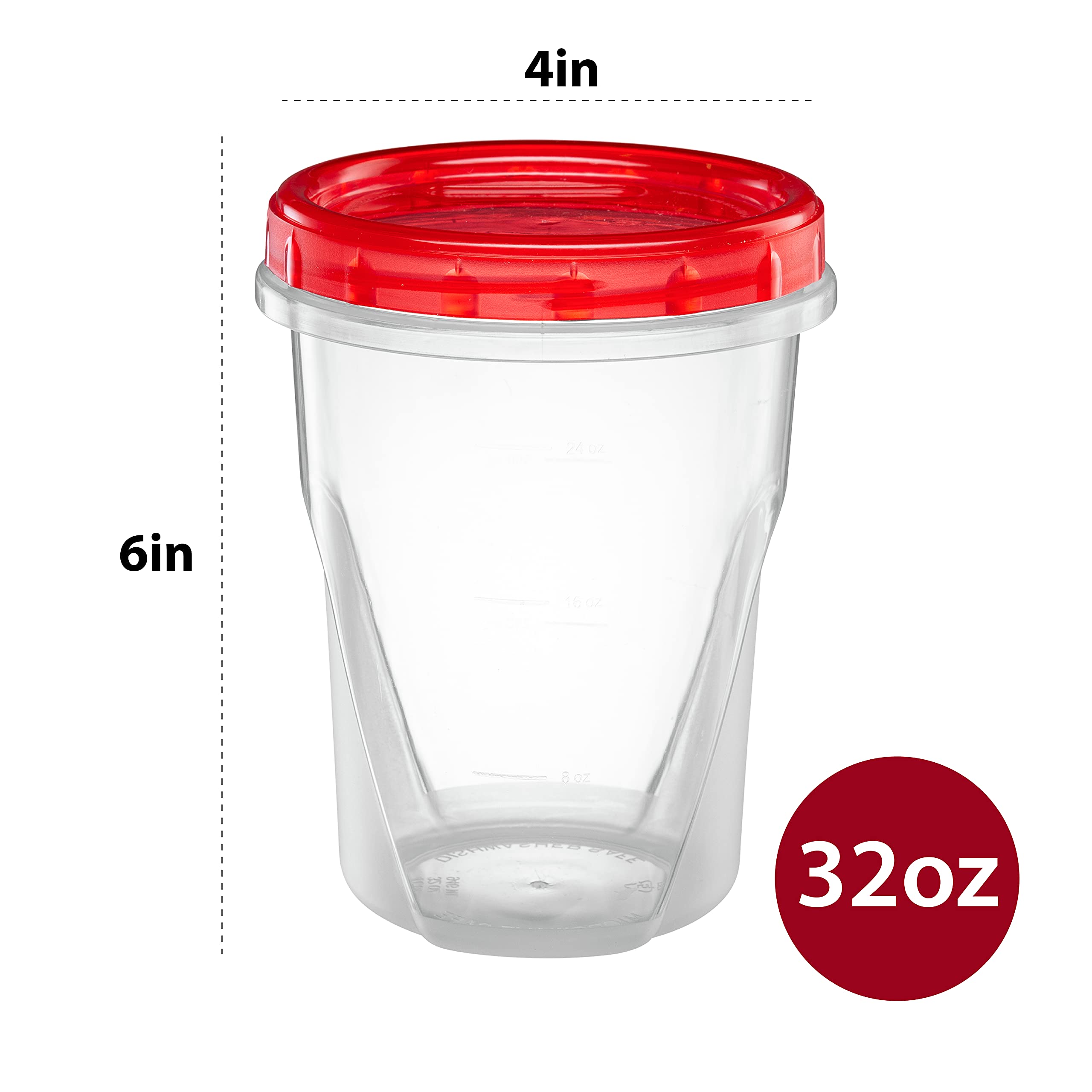 32oz (10 Pack) Clear Plastic Food Storage Containers with Red Twist-On Lids - Airtight Freezer Safe Containers for Meal Prep, Leftovers & Bulk Food Storage