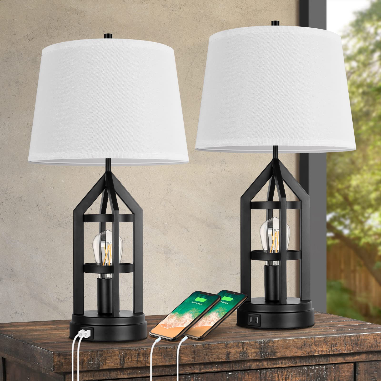 BesLowe 2-Pack Farmhouse Style Touch Control Table Lamps - 3-Way Dimmable Bedside Lamps with 2 USB Charging Ports, Rustic End Table Lamps for Living Room & Bedroom, Includes 4 LED Bulbs & White Fabric Shades - Perfect for Nightstands, Home Office, and Cozy Reading Nooks