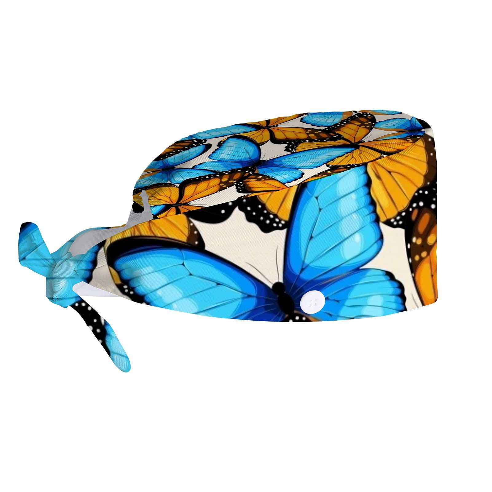 Adjustable Work Cap with Buttons & Sweatband - Butterfly Animal Print Unisex Hat for Women & Men - Long Hair Friendly Tie Back Design - Perfect for Construction, Gardening, Outdoor Activities & Fashion Accessories