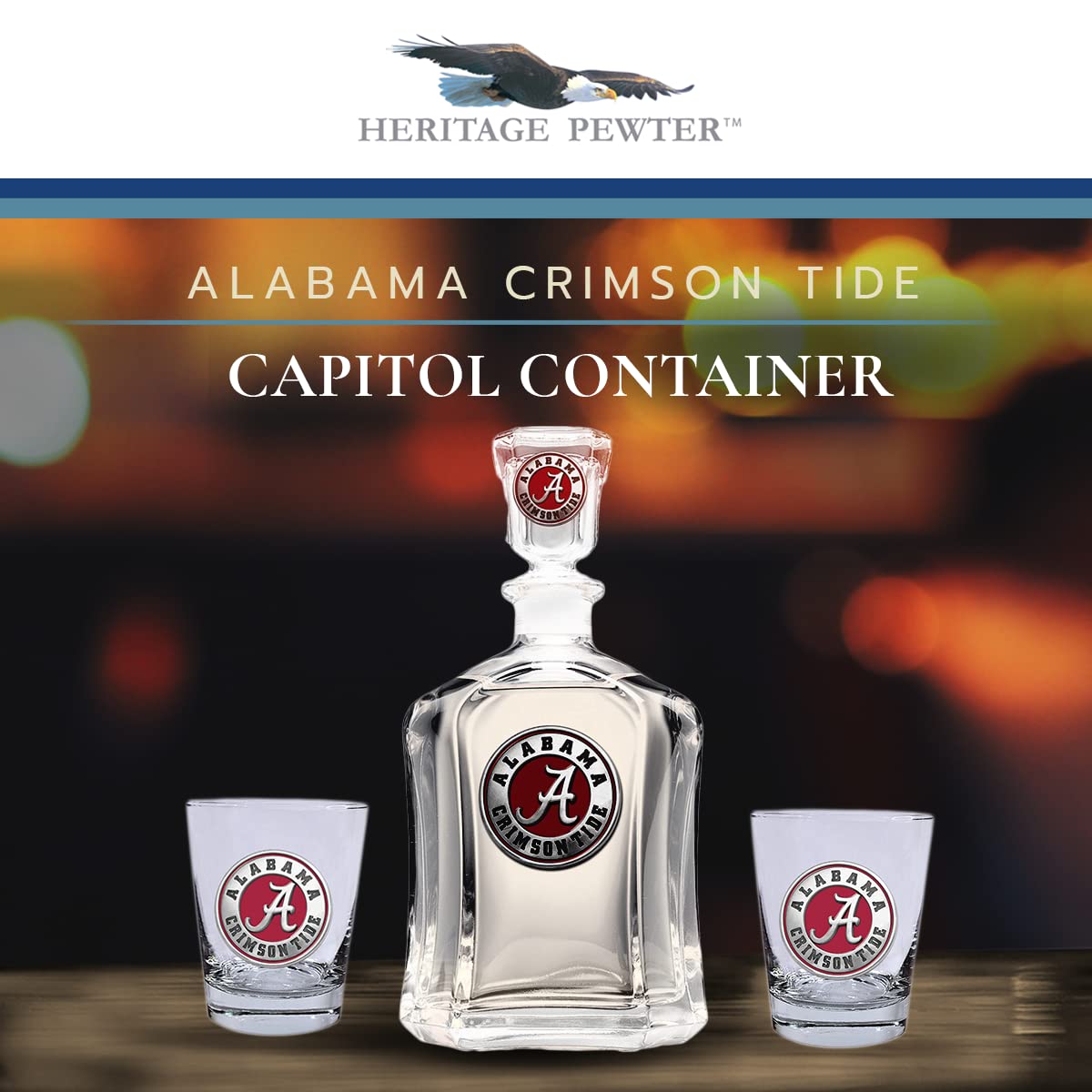 Premium 24oz Alabama Glass Container Set with 2 Matching Water Glasses - Handcrafted Pewter Drinking Glasses for Cocktails, Iced Coffee & Home Bar Accessories