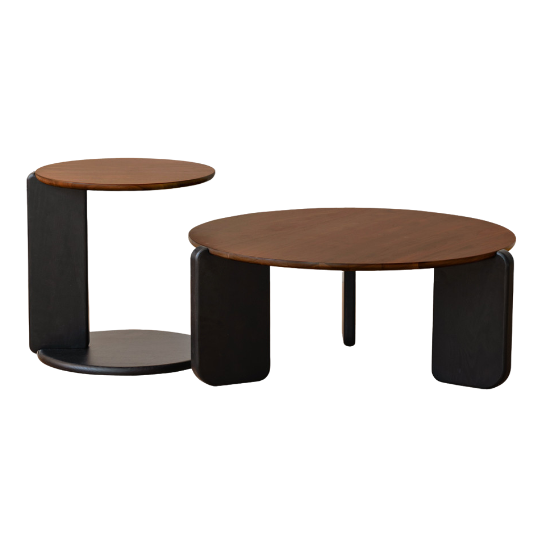 31.3x31.3x13.3 inch / 79.6x79.6x33.8  сm / rich dark walnut color / large table + small table