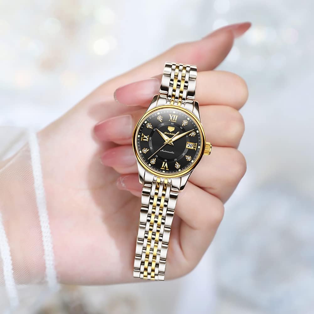 OLEVS Women's Luxury Automatic Diamond Watch - Self Winding Moon Phase Stainless Steel Dress Watch with Luminous Blue Dial & Waterproof - Perfect for Business, Evening Events & Gift Giving