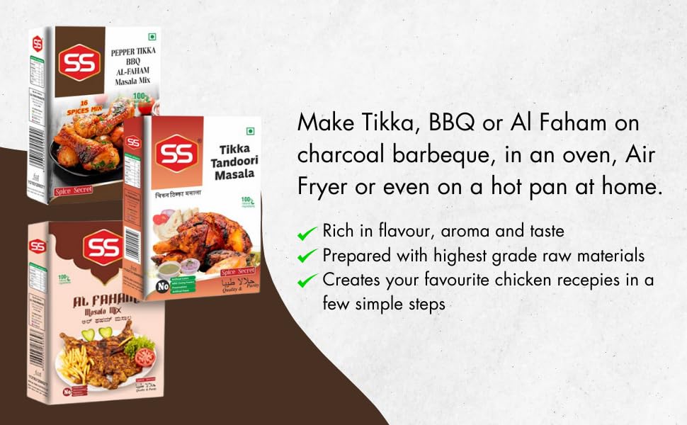 SS MASALAS BBQ Masala Combo Pack - Al Faham Masala, Barbeque Chicken Masala & Tikka Tandoori Masala Powder | 3 Premium Indian Spice Blends (100g Each) | Ready-to-Use Seasoning Mix for Grilling, Roasting & Tandoori Cooking | Perfect for BBQ, Chicken Dishes & Indian Cuisine