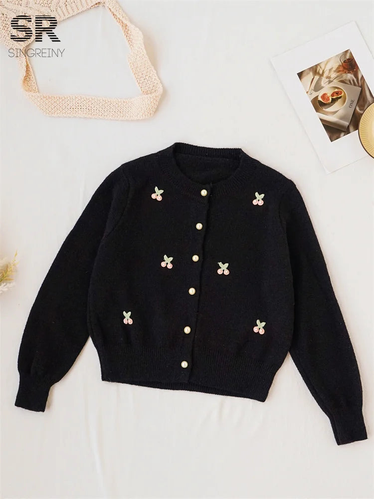 Cherry Beading Design Sweater for Women - Elegant Knit Pullover with Floral Embroidery - Perfect for Casual Outings, Office Wear & Date Nights