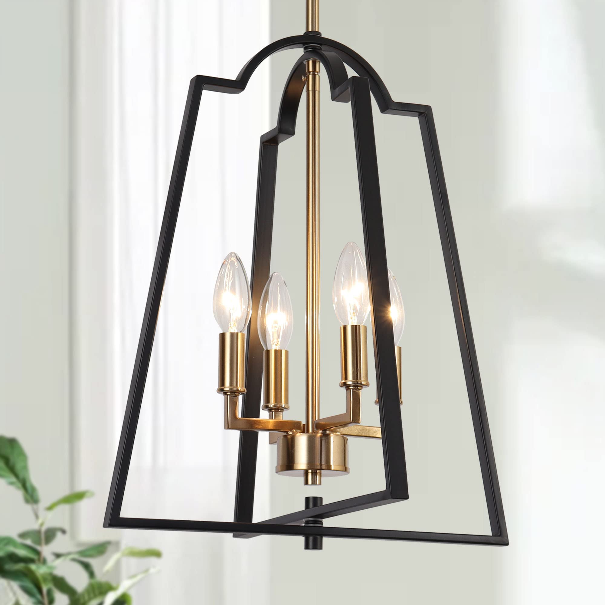 ZEVNI Black Gold 4-Light Chandelier - Modern Lantern Cage Pendant Light Fixture for Kitchen Island, Dining Room, Living Room, Bedroom, Foyer & Entryway | Elegant Lighting for Home Decor & Interior Design