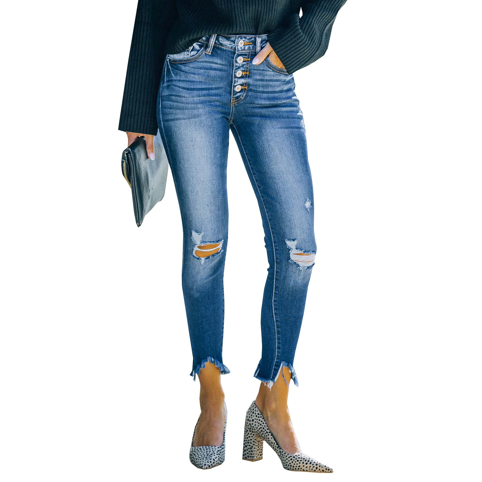 LONGYIDA Women's Ripped Stretchy High Waist Skinny Jeans with Button Fly | Trendy Distressed Denim Pants for Casual Wear & Night Out