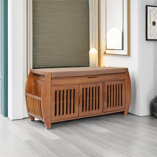 Stylish Bamboo Shoe Storage Bench with Detachable Cushion & Hidden Compartment - Entryway Organizer, Shoe Rack Cabinet for Hallway & Bedroom - Perfect for Small Spaces, Mudroom & Closet Organization