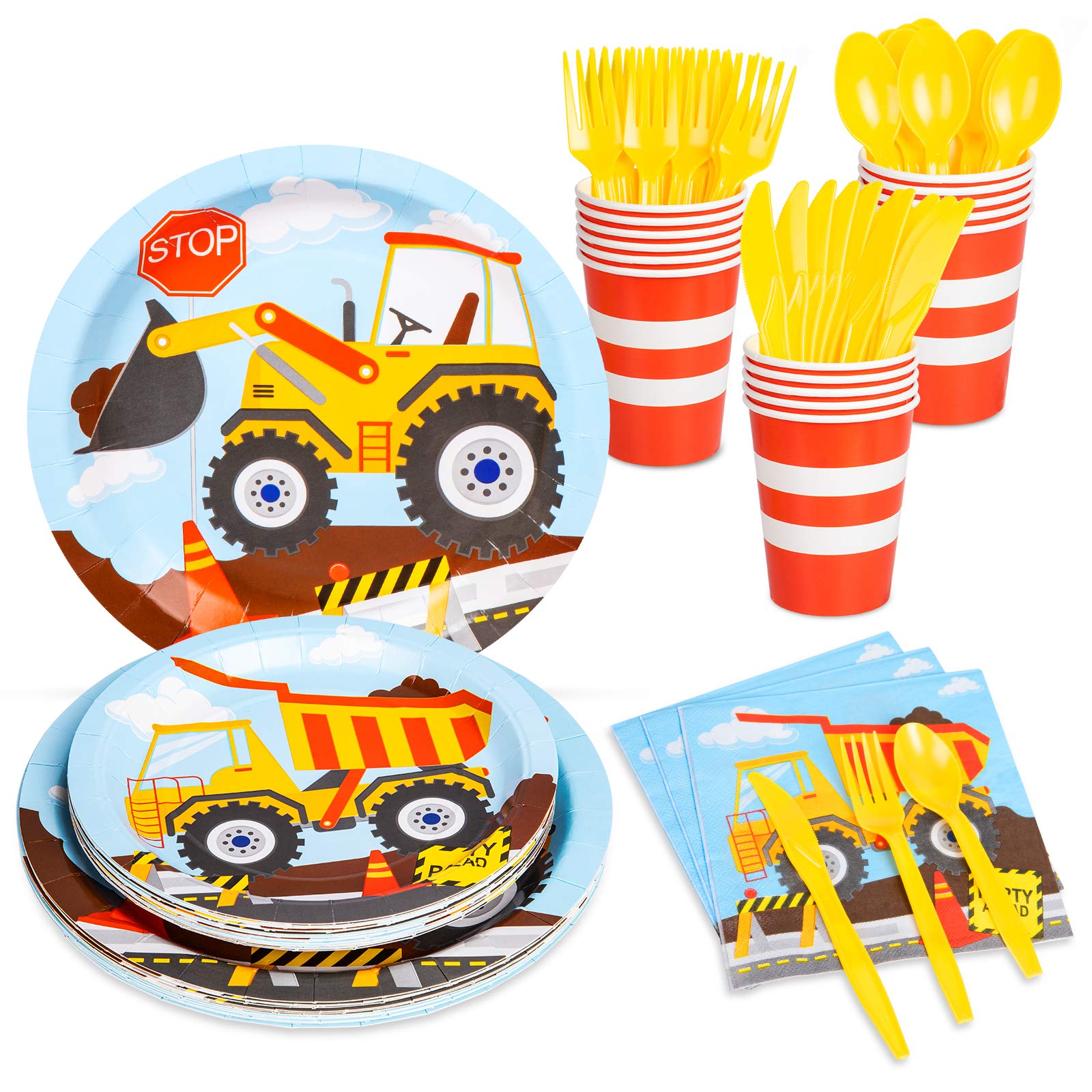 DECORLIFE Construction Theme Birthday Party Supplies Set - 112 Pieces (Plates, Cups, Napkins, Cutlery) for 16 Guests | Perfect for Boys' Construction-Themed Birthday Decorations & Kids' Construction Site Party Favors