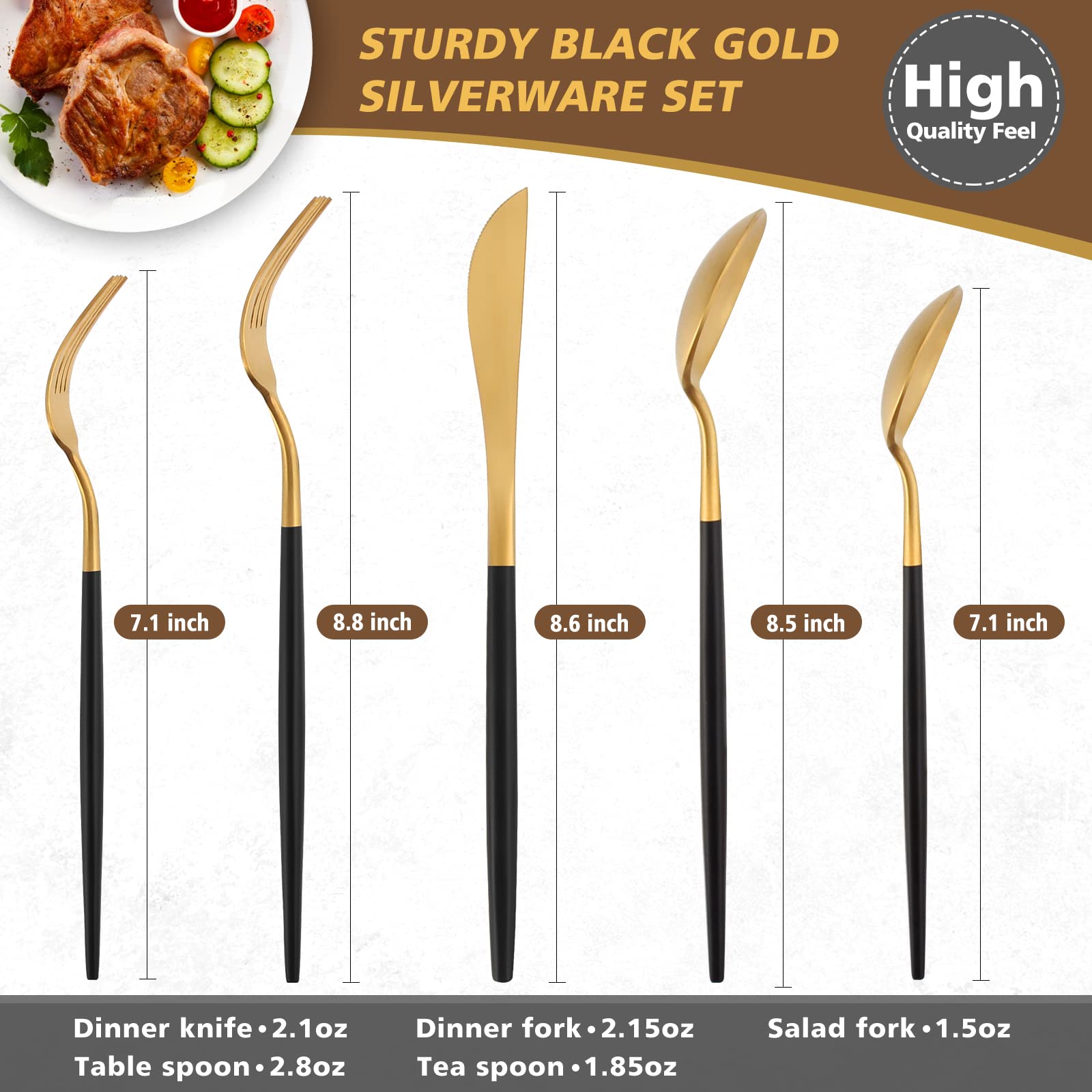 Oliviola 20-Piece Matte Black Gold Silverware Set - Stainless Steel Flatware Cutlery Set for 4 - Satin Finish Kitchen Utensils (Dishwasher Safe) - Perfect for Dinner Parties, Weddings & Everyday Dining