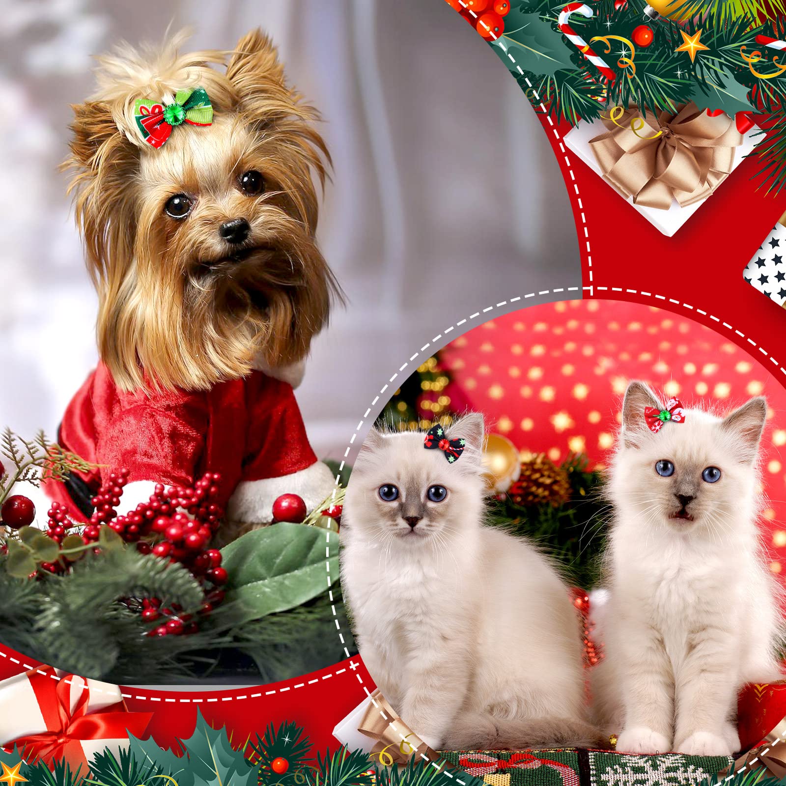 Tondiamo 100 Pack Christmas Dog Bows - Festive Rhinestone Hair Bows with Rubber Bands for Puppies & Dogs | Santa, Christmas Tree, Elk & Snowflake Designs | Perfect for Holiday Grooming, Pet Photos & Christmas Parties