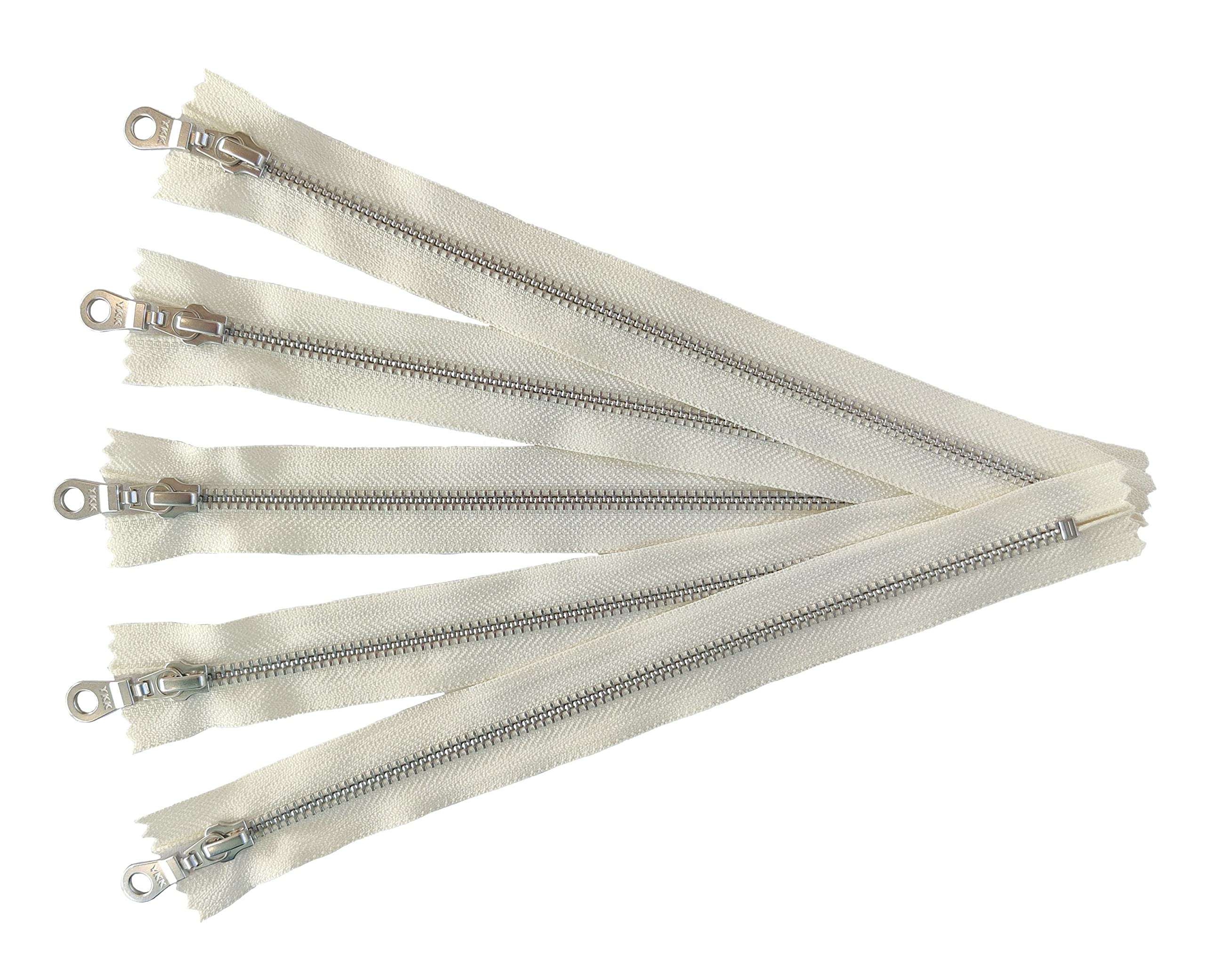 YKK #5 Aluminum Silver Metal Zippers 8 Inch - Vanilla Cream Offwhite Closed End with Donut Pull - Set of 5 for DIY Crafts, Handbags, Garments & Sewing Projects | Premium Quality Fashion Accessories by Craftbot