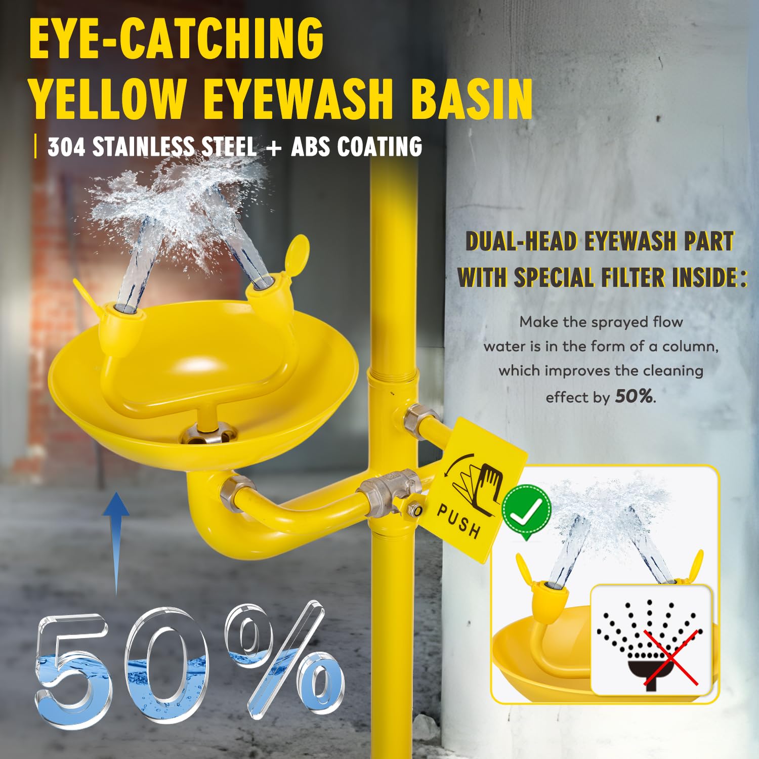 CGOLDENWALL Emergency Shower and Eye Wash Station - 304 Stainless Steel with Yellow Coating, NPT Thread, Includes Safety Sign - Ideal for Laboratories, Factories, and Chemical Workplaces